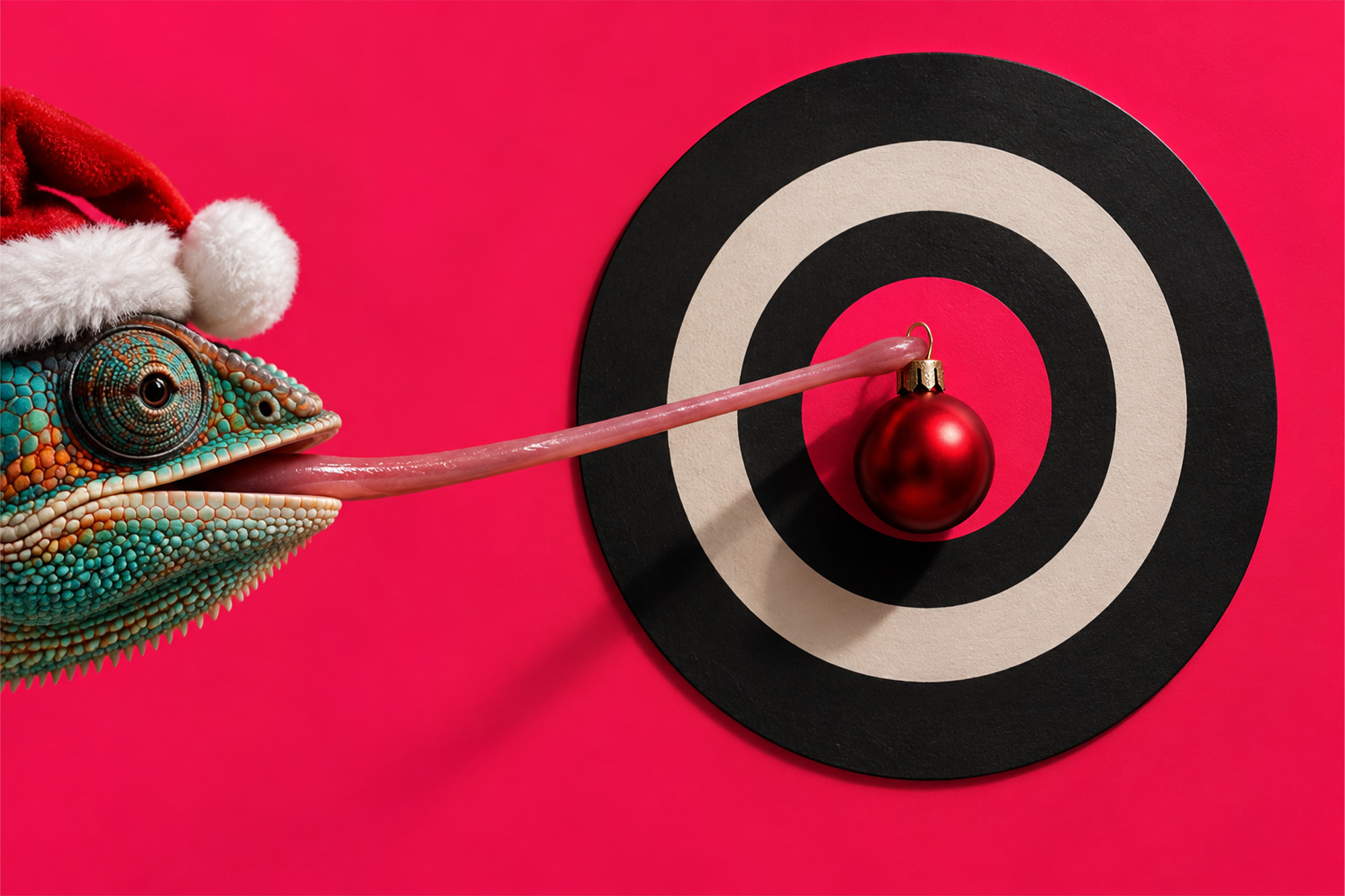 Weihnachtsmarketing 2026: Chamäleon mit Nikolausmütze trifft mit einer roten Christbaumkugel ins Schwarze